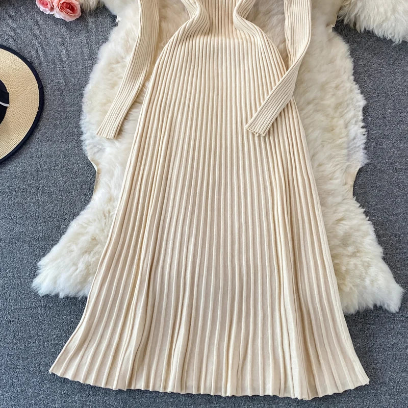 Women Chic Turtleneck Long Sleeve Sexy A-line Sweater Dress Vintage Korean Fashion Knit Vestido Elegant Autumn Winter Knitwear
