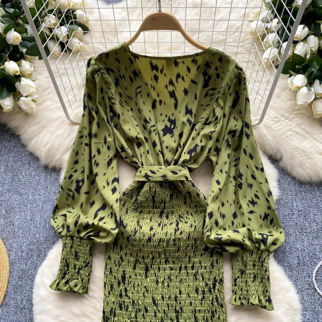 Women Casual Vintage Print Ruffle Long Dress Autumn Elegant V Neck Lantern Sleeve Party Mermaid Dresses Holiday Female Mujer New