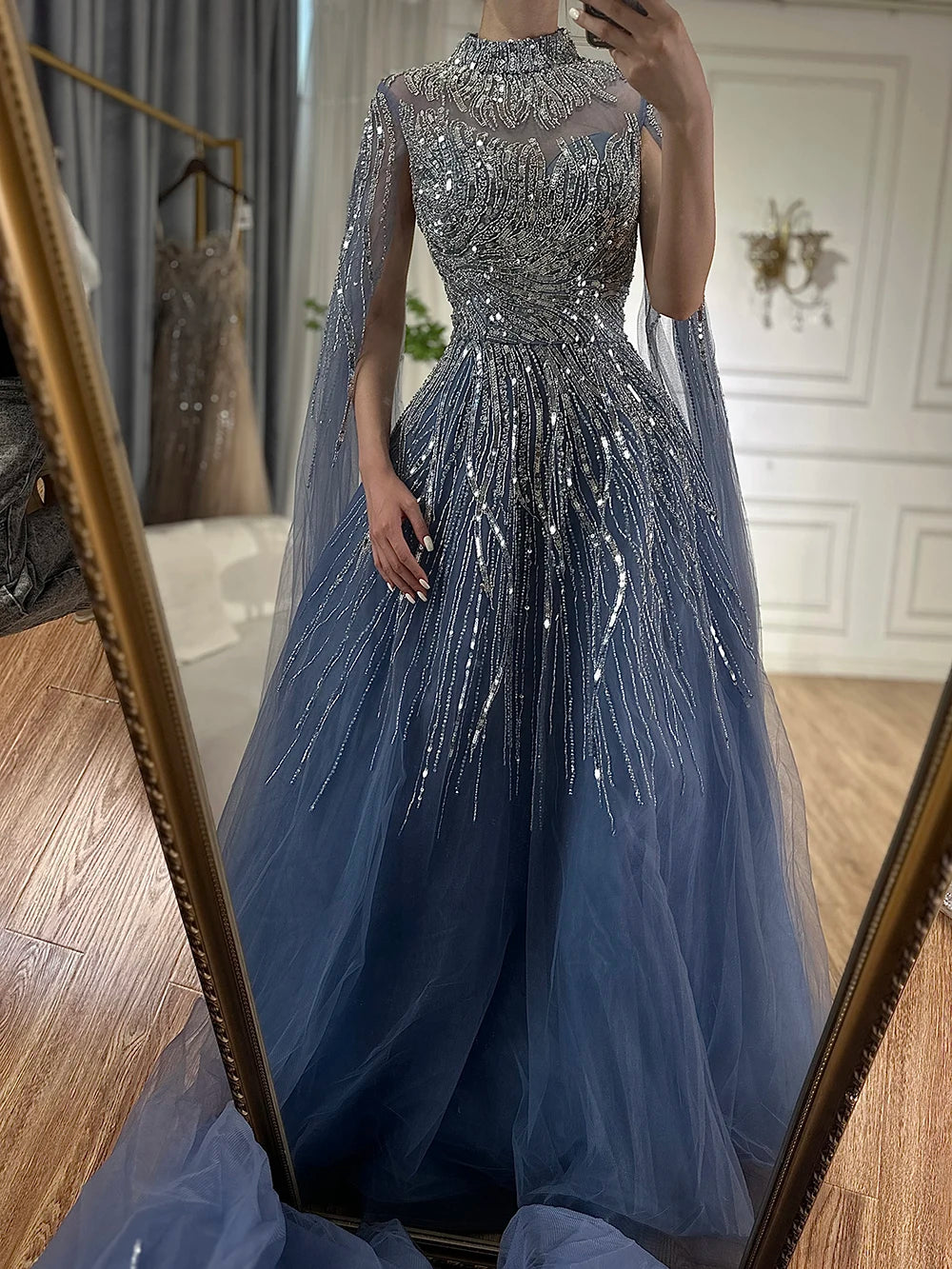 Serene Hill Caramel Luxury Evening Dresses with Cape Sleeves A-Line Beaded Lace Gown For Women's Wedding Party 2024 LA72386