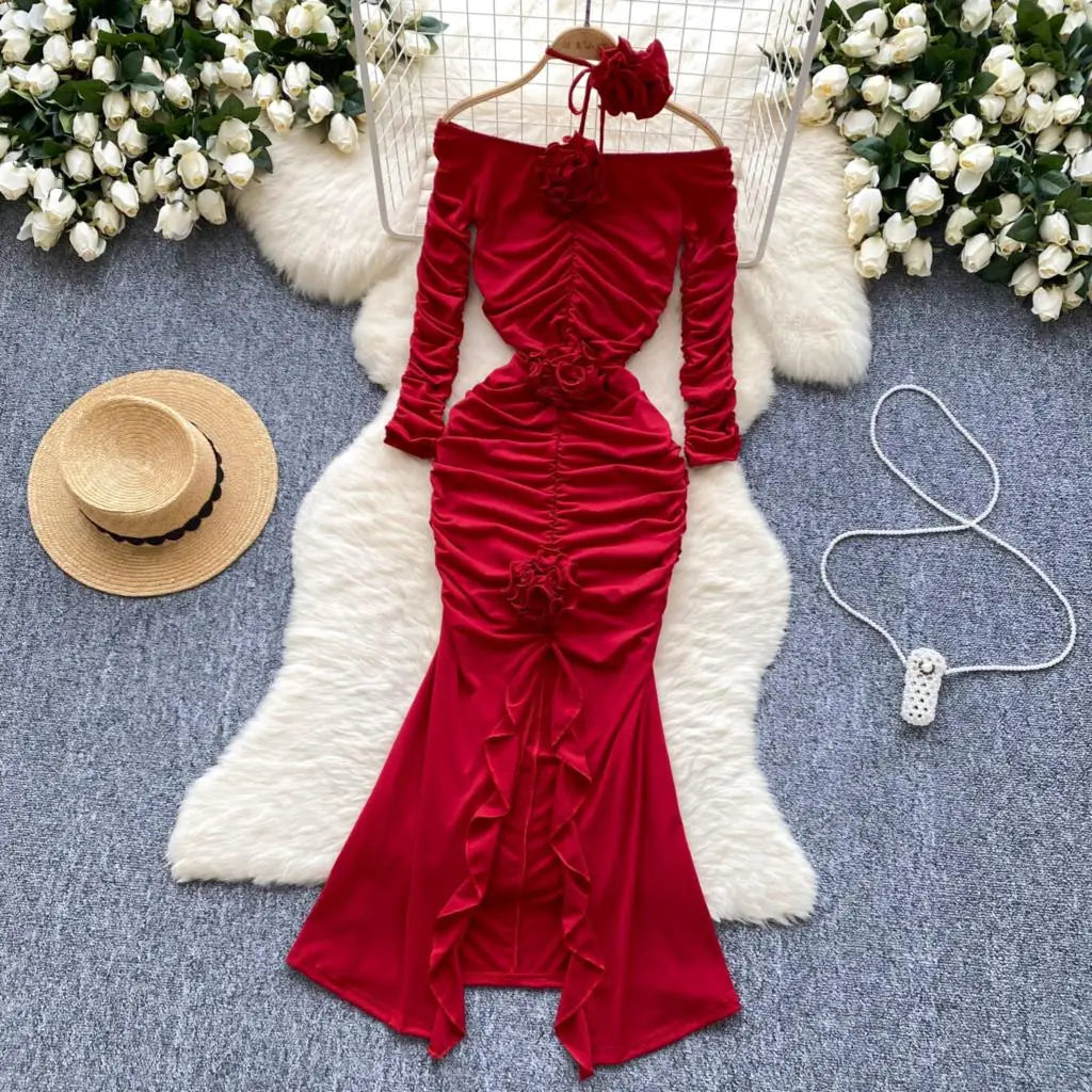 Sexy Elegant and Chic Women Pleated Mermaid Dress Strapless Bodycon Slim Evening Party Christmas Dresses Female Clothes Mujers
