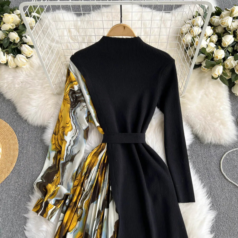 Elegant Chic Print Patchwork Knit Dress French Long Sleeve Party A-line Vestidos High Waist Basic Slim Women Autumn Winter Dress