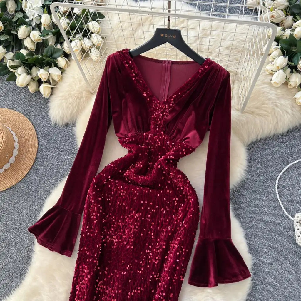 Women's Sexy Velvet Evening Gown Luxury Dresses V-Neck Flare Sleeve Split Long Dress Fashion Slim Robe Birthday Party Autumn New