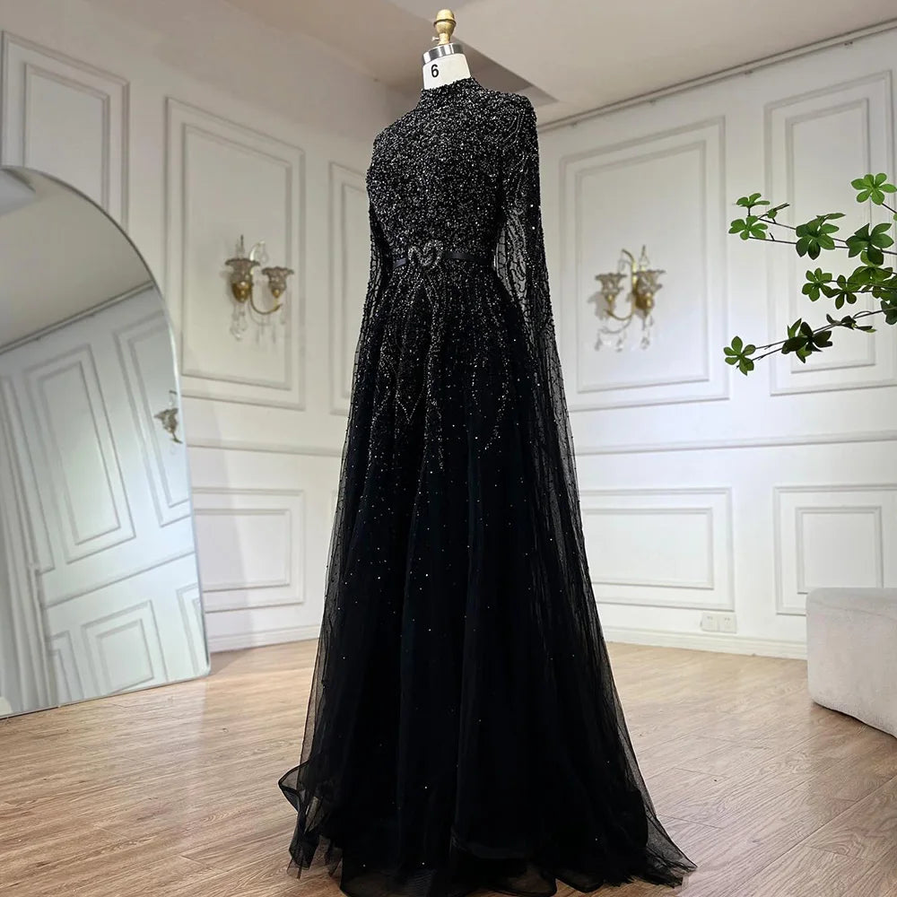 Serene Hill Blue A-Line High-end Beaded Luxury Cape Sleeves Evening Dresses Gowns 2024 For Woman Party Plus Size LA70066B