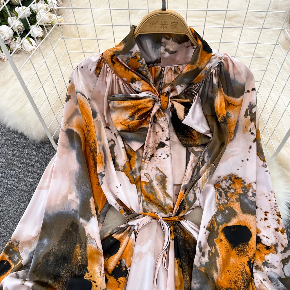 Elegant Casual A-Line Vintage Ruffle Print Long Dress Autumn Lantern Sleeve Party Boho Dresses Beach Holiday Female Vestidos