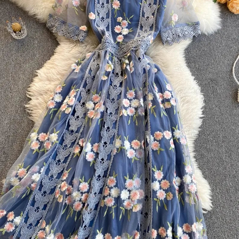 Elegant Mesh Embroidery Dress Women Korean Fashion Summer O Neck Short Sleeve Long Mesh Dress Party Vestidos