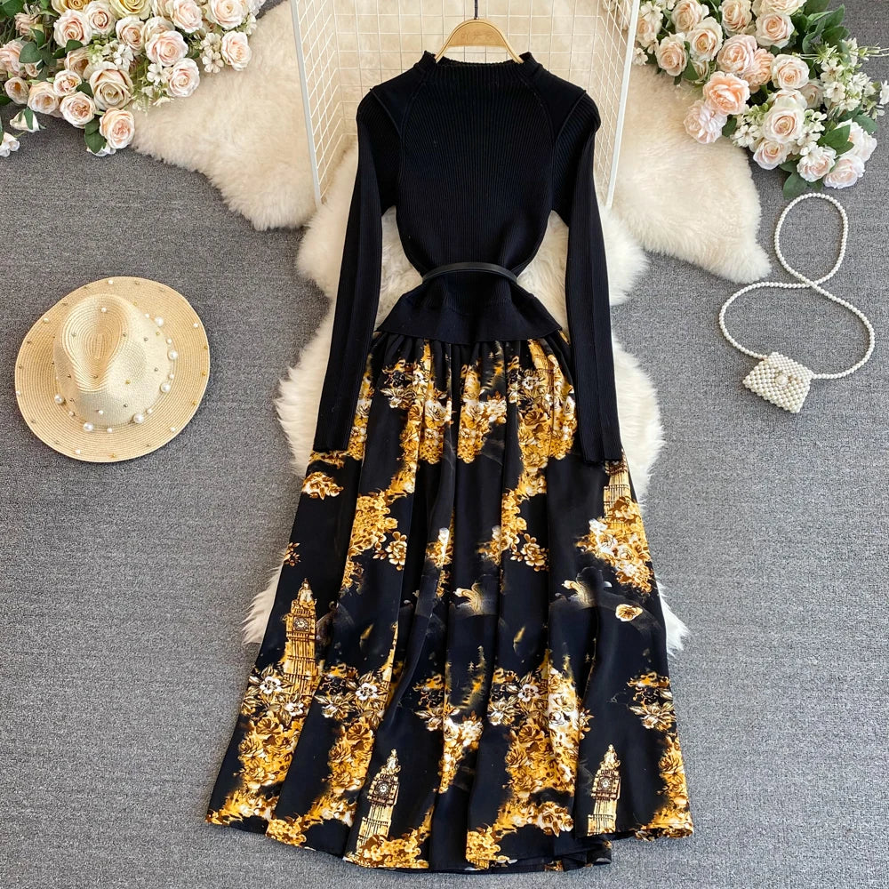 Women Chic Long Sleeve Stand Collar Patchwork A-line Dress Vintage Korean Fashion Knit Vestido Elegant Autumn Winter Knitwear