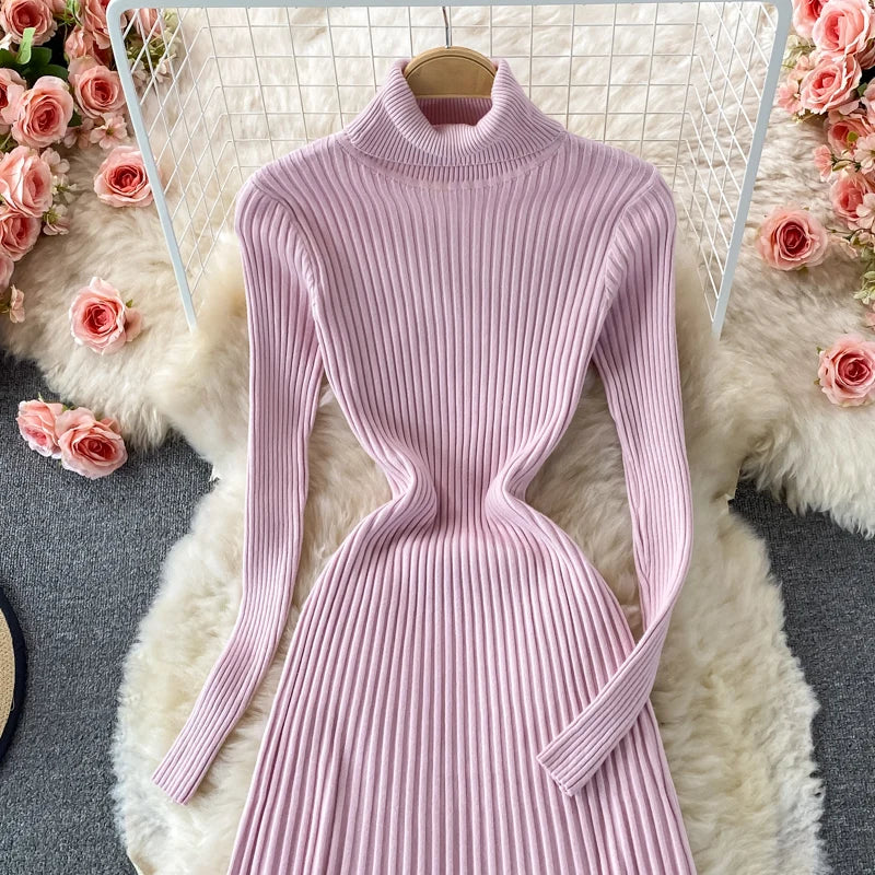 Women Chic Turtleneck Long Sleeve Sexy A-line Sweater Dress Vintage Korean Fashion Knit Vestido Elegant Autumn Winter Knitwear