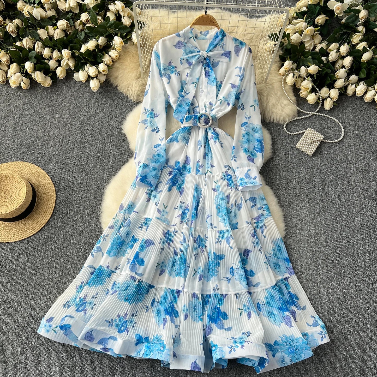 French Vintage Ruffle Lace-up Bow Puff Sleeves Long Sleeves Dress korean fashion Casual Women Fashion summer dresses