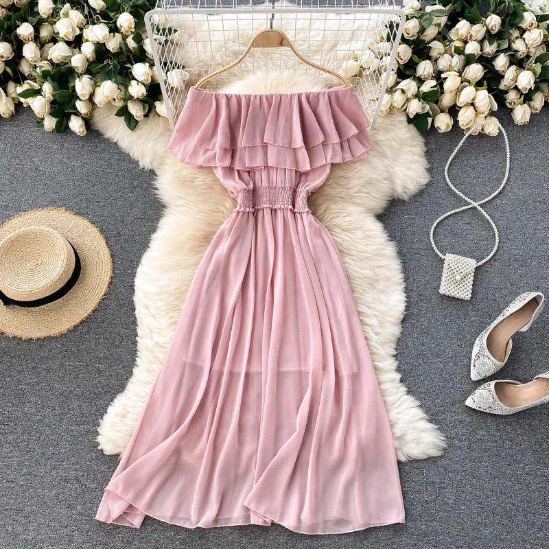 Women Chiffon Beach Dress Sexy Double Layer Ruffled Off The Shoulder Boho Dresses Ladies Sweet Slash Neck Long Dress