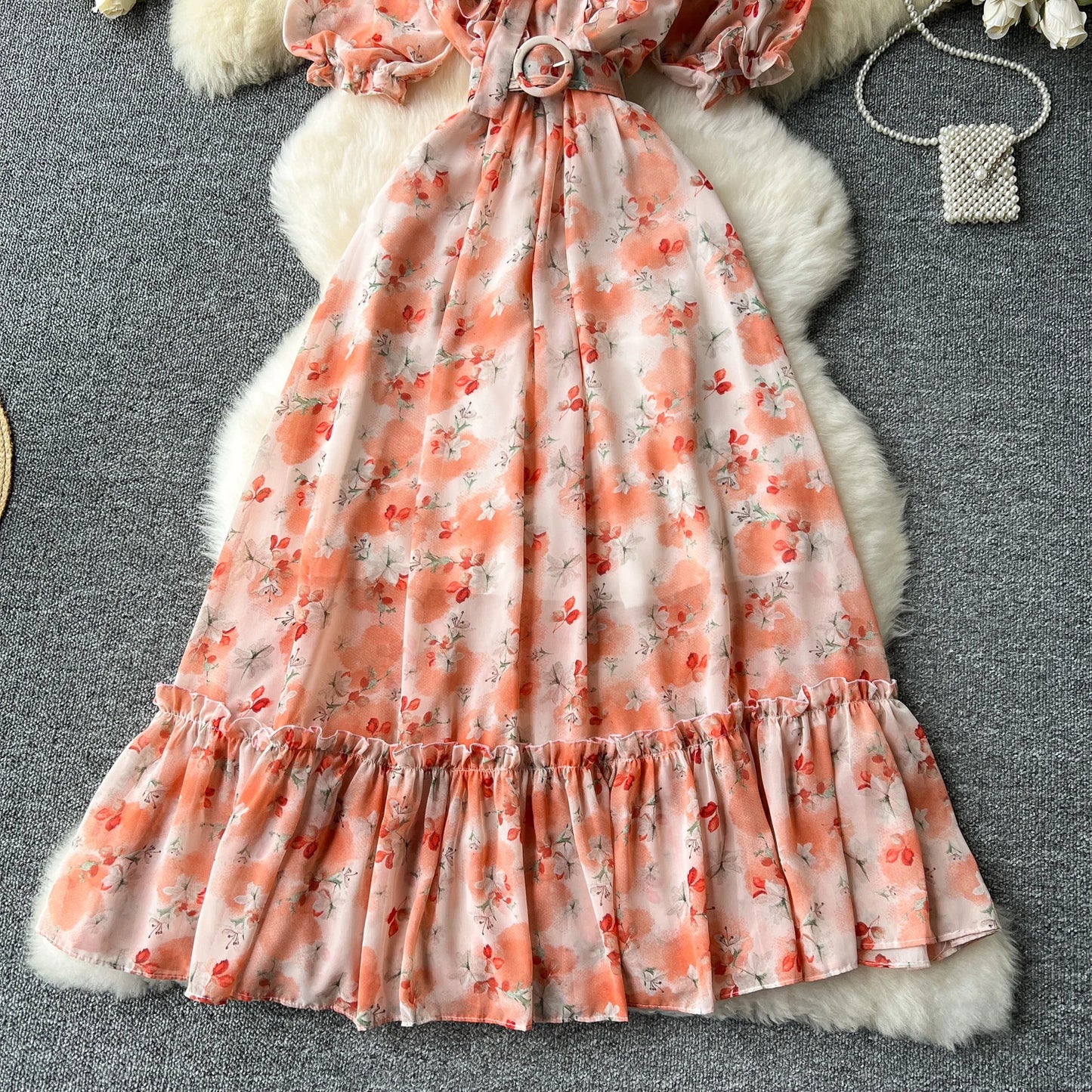 French Vintage Ruffle print chiffon Bandage Bow Puff Sleeves short Sleeves Dress Casual Women Fashion summer dresses