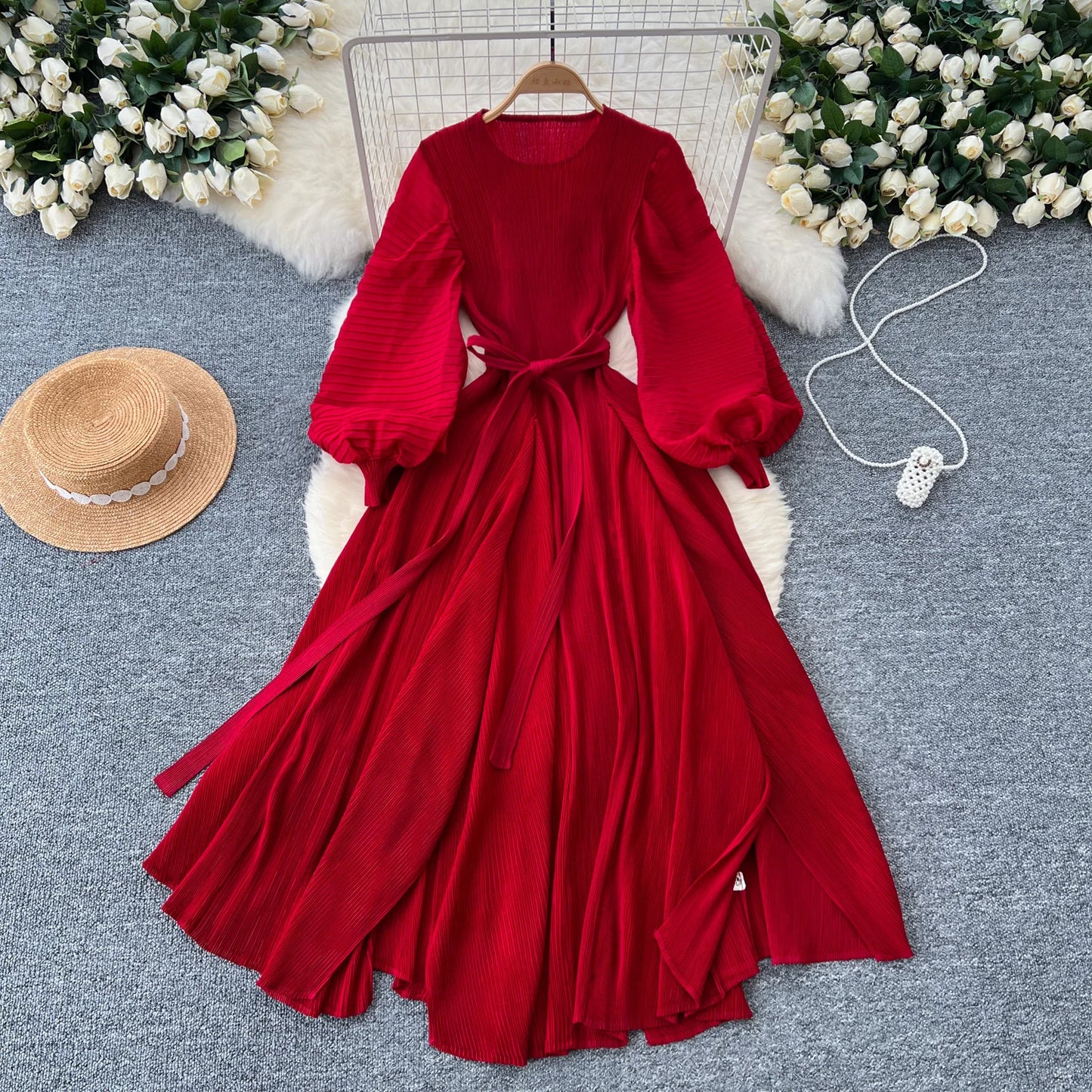 Vintage Elegant Lantern Sleeve Sweet Pleated Dress Women Basics Fashion Summer Spring Dresse