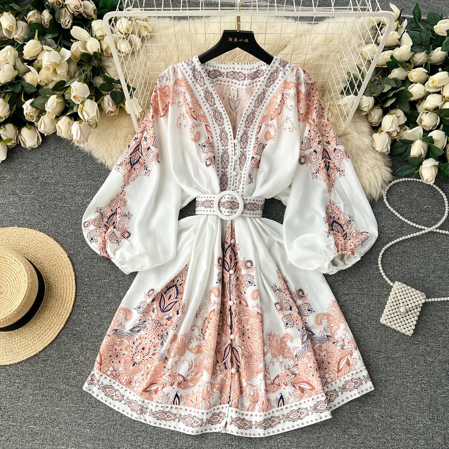 Vintage Print Elegant V-eck Single Breasted Lantern Long Sleeve Dress A-line Casual Women Fashion Summer Spring Vestidos