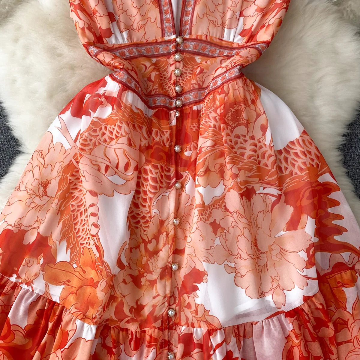 Short Dresses Women Cap Sleeve Vintage Print Chiffon Dress Faux Pearl Buttoned V Neck Ruffle Hem Wedding Elegant Party Dress