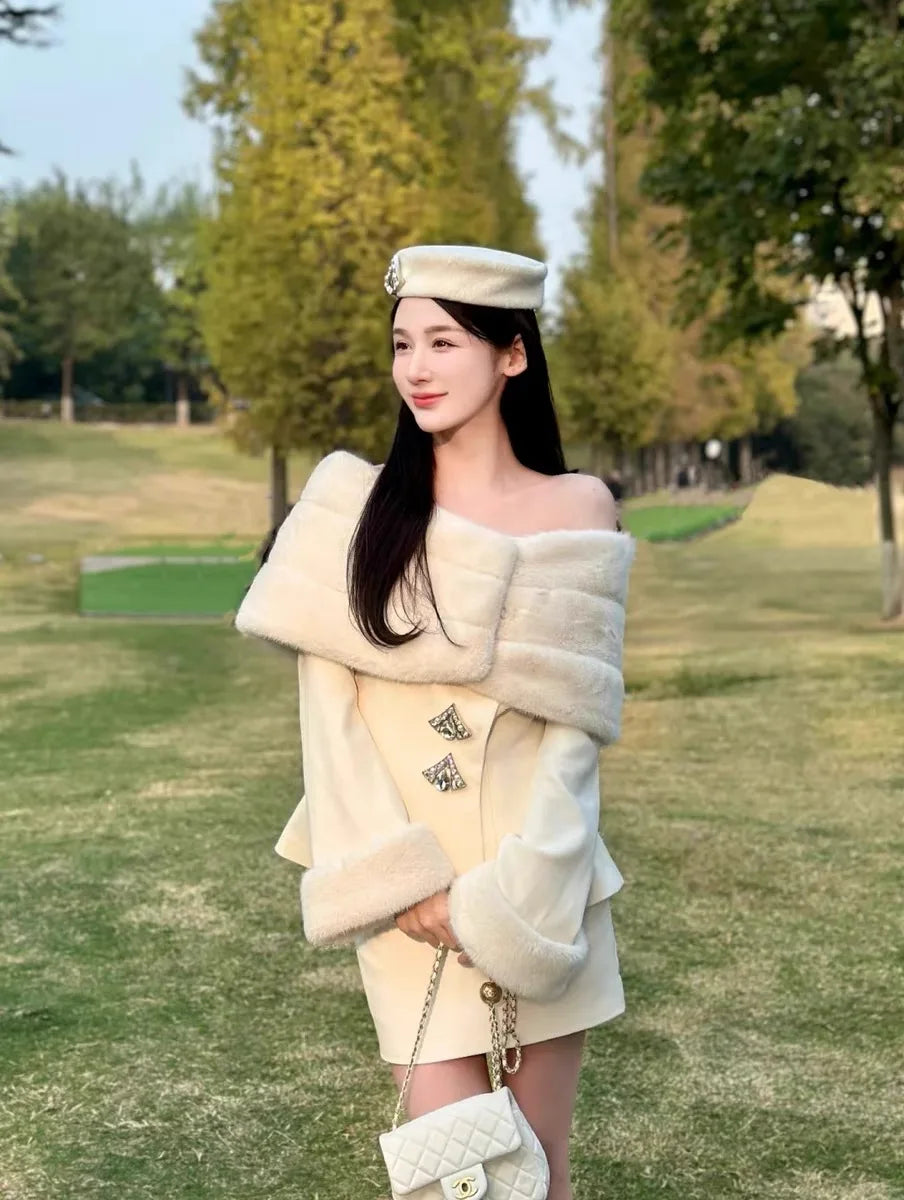 Off Shoulder Removable Faux Fur Shawl 2-Piece Set Elegant Luxury Old Money Style Set Coat+Hip Wrap Short Skirt Spring Female