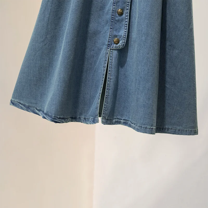 Vintage Summer Denim Skirt for Women Fashion High Waist Slim Button Split Long Skirts Korean Loose A-line Thin Jeans Midi Skirt