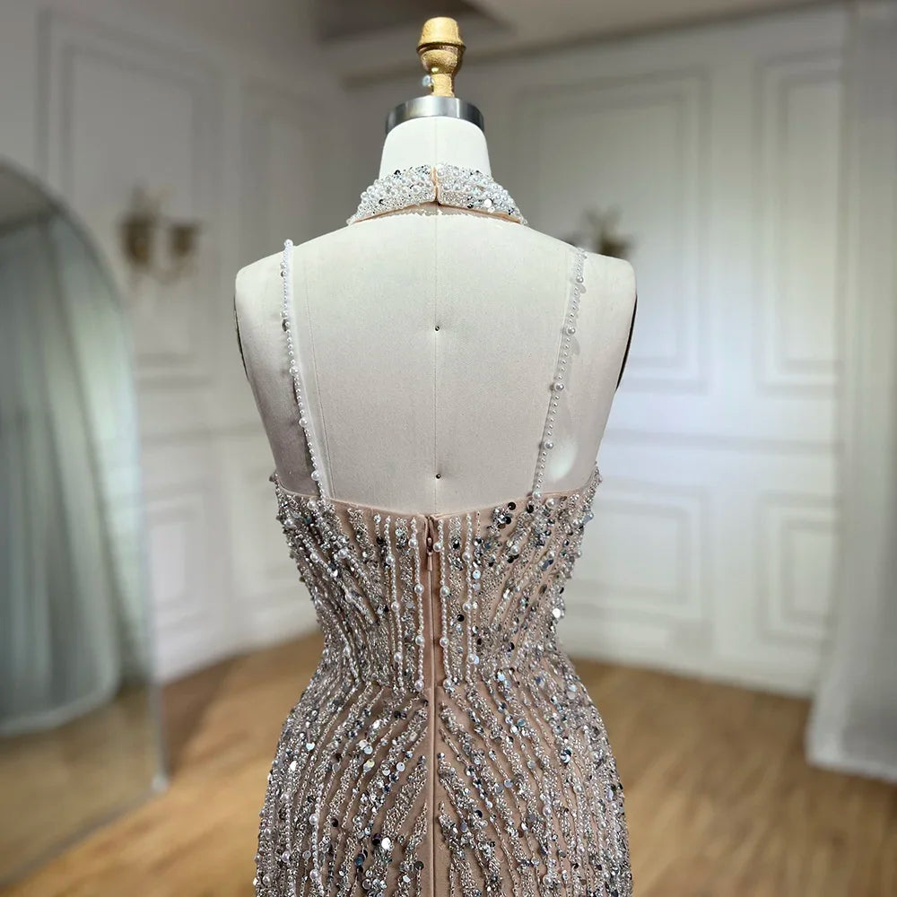 SERENE HILL 2024 Silver Nude Mermaid Spaghetti Straps Beaded Feathers Split Evening Dresses Long Gowns For Woman Party GLA72047B