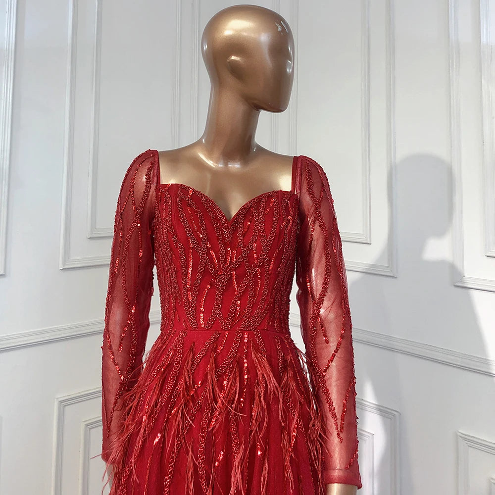 Serene Hill Arabic Red Elegant A Line For Women Long Sleeves Evening Dress Luxury Beaded Handmade Feathers 2024 LA71468