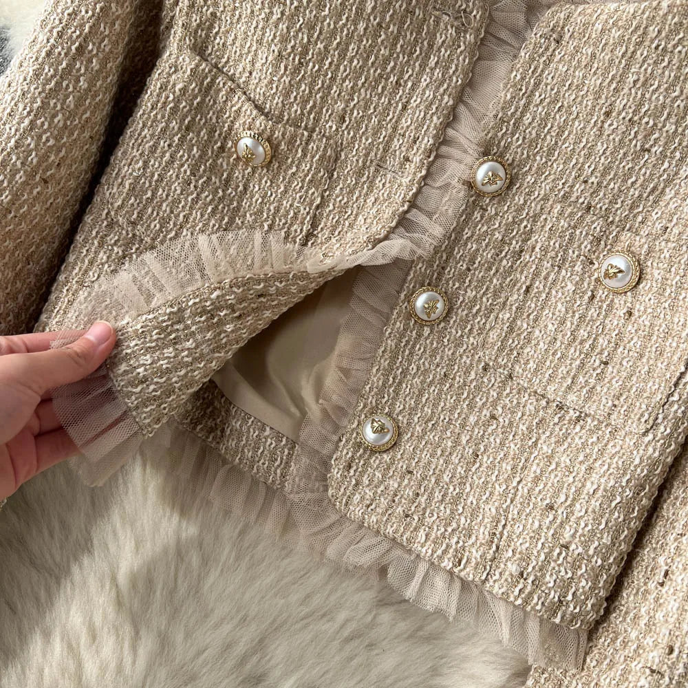 Elegant Small Fragrance Two-Piece for Women's Strap Mesh Midi Dress+Short Thick Tweed Jacket for Women's Spring and Autumn Set