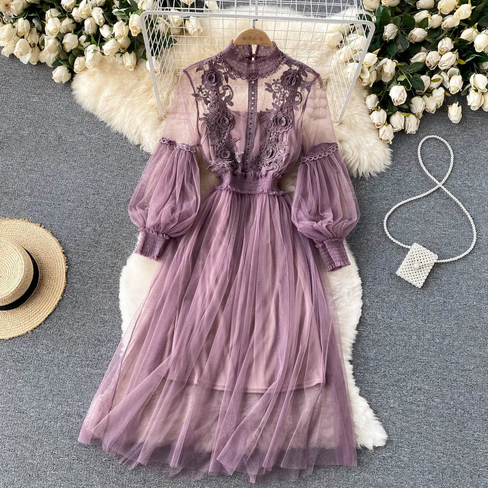 Retro Elegant Mesh Pleated two pieces Dress sets Sexy Fairy puff sleeve Summer Casual Vestidos Slim Women Evening Party Dress