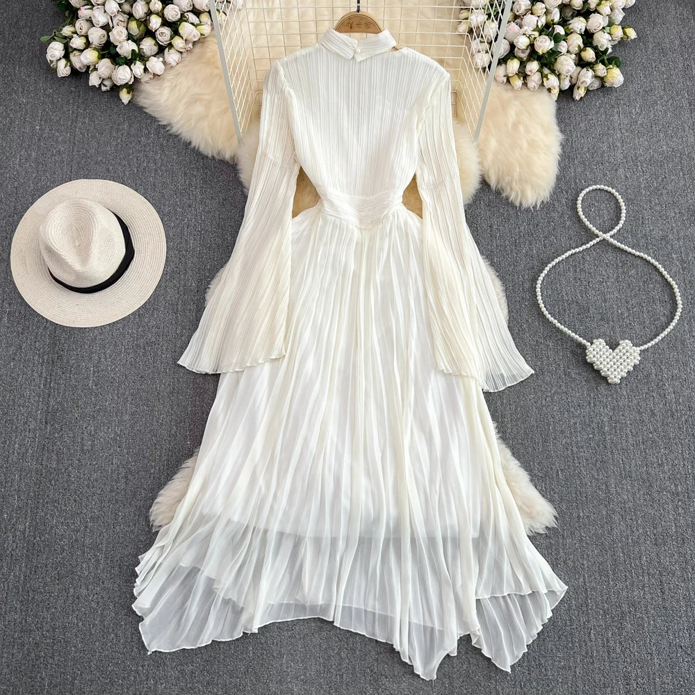 Autumn Solid Pleated Long Dresses for Women Halter V-Neck Flare Sleeve Wedding Party Dress Korean Fashion One Piece Vestidos New