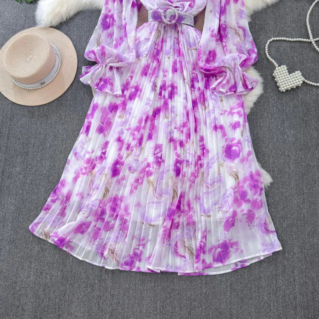Summer Vintage Casual A-Line Floral Print Women Dress Elegant Chic Pleated Party Prom Vestidos with Belted Female Long Robe