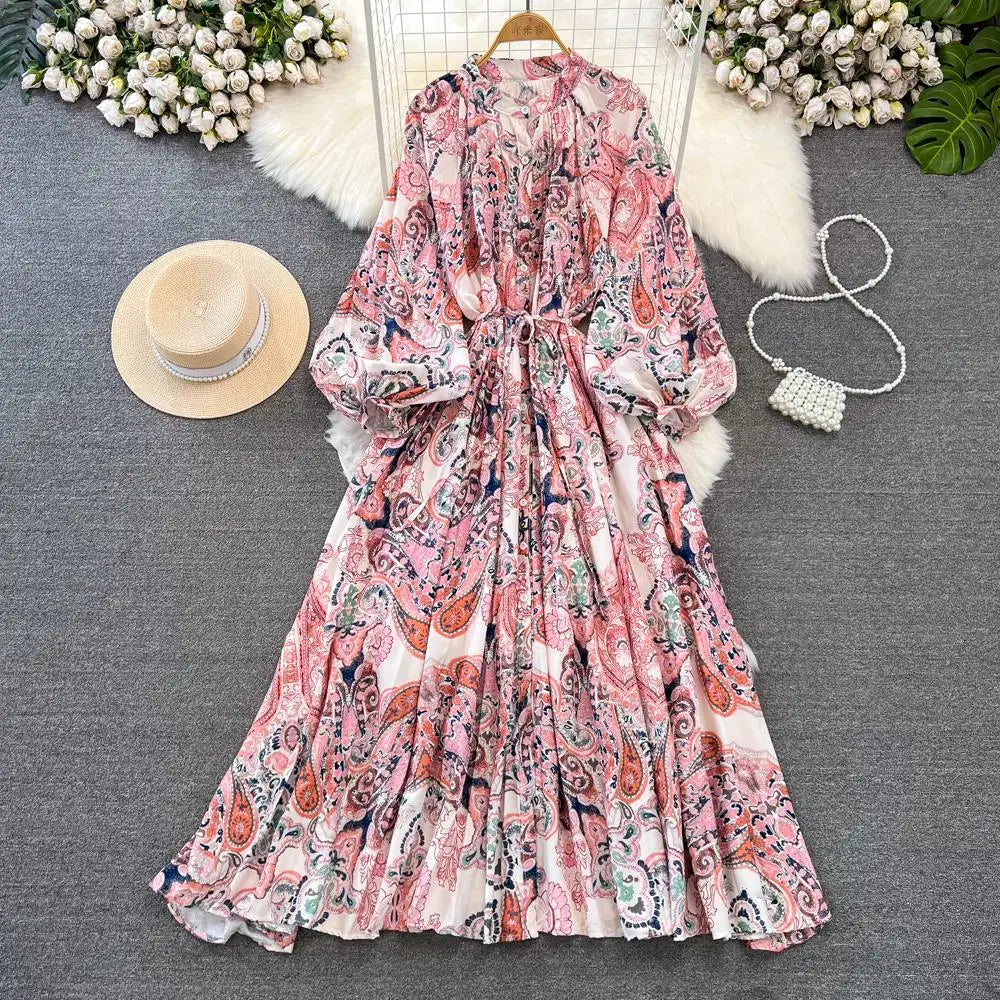 Elegant Women Casual Floral Print Party Dress Vintage Lantern Sleeve A-Line Pleated Prom Birthday Clothes Female Fashion Robe