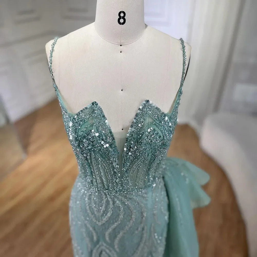 SERENE HILL 2024 Turquoise Spaghetti Strap Luxury Beaded Evening Dresses Mermaid Elegant Overskirt Gown For Women Party GLA72378