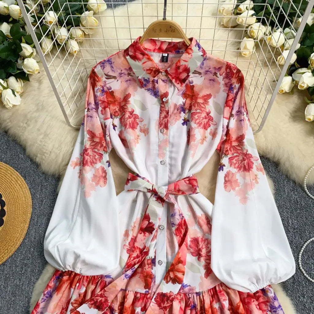 Elegant Casual Women Pleated Print Mini Dress Vintage Lace-up Lantern Sleeve Ruffles Short Dresses Female Party Clothes Robe