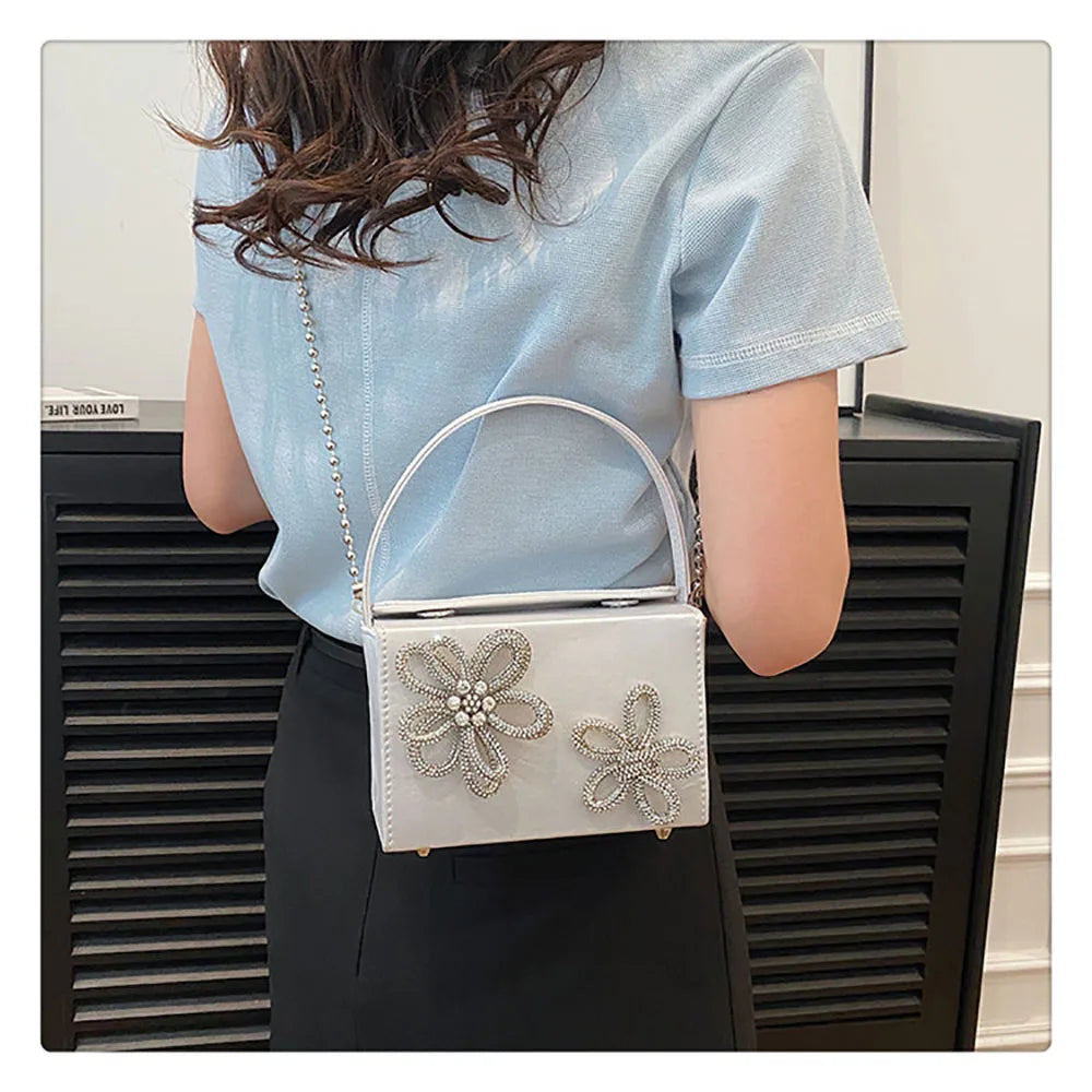 Light Luxury High-Grade Women Chain Crossbody Bag Korean Design Sense Diamond Flower New Pop Handbag Fashion Box Mini Square Bag