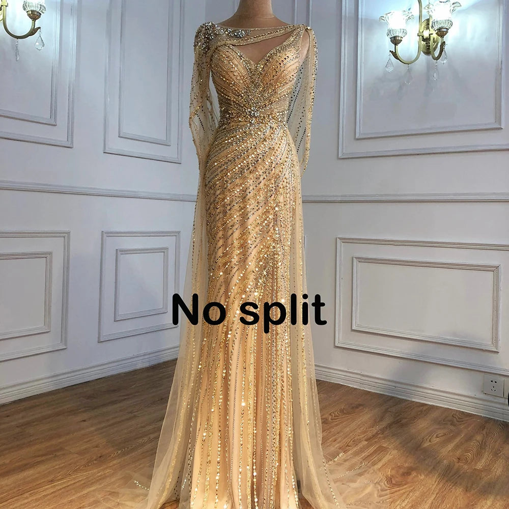 Luxury Champagne Split Evening Dresses 2024 Diamond Beaded Sleeveless Mermaid Formal Serene Hill LA70301