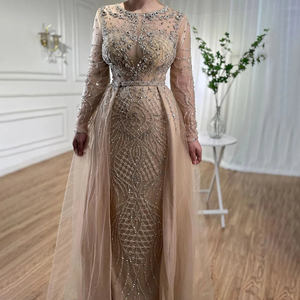 Serene Hill Muslim Silver Nude Mermaid Gown with Detachable Overskirt Beaded Evening Dress for Women Wedding Party 2024 LA71919