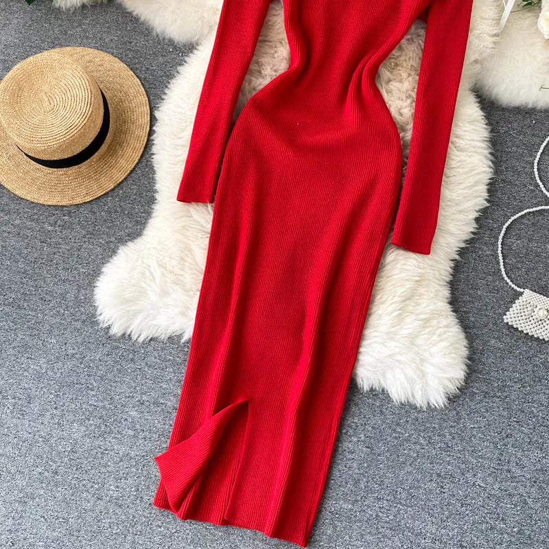 Women Long Sleeve Sexy Bodycon Dress with slit Vintage French Fashion Knit v neck Vestidos Basic Tight Elegant Slim Chic Dresses