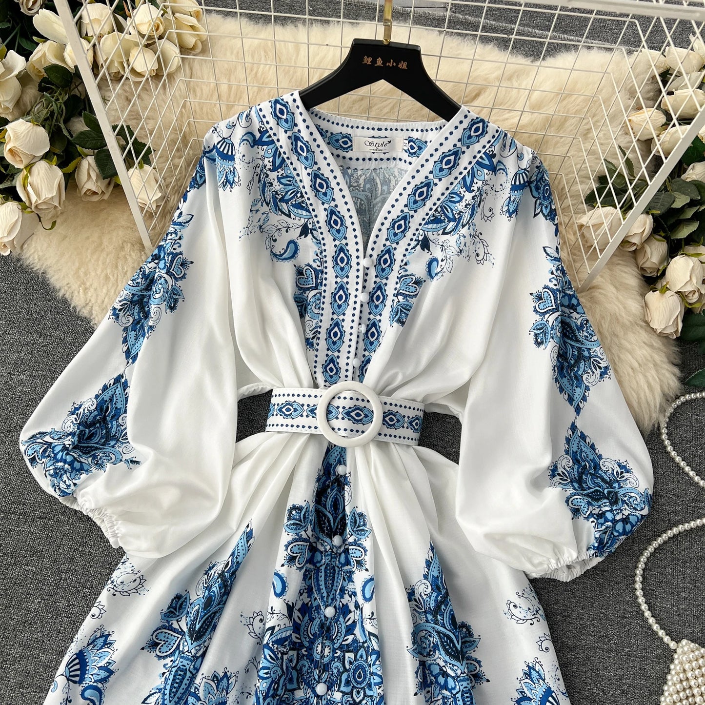 Vintage Print Elegant V-eck Single Breasted Lantern Long Sleeve Dress A-line Casual Women Fashion Summer Spring Vestidos