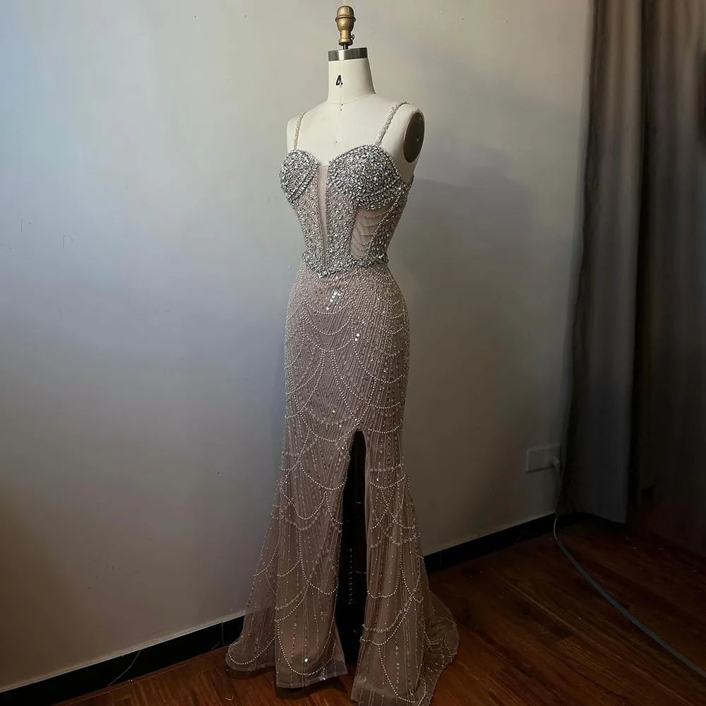Serene Hill Nude Strapless Mermaid Luxury Evening Dresses Gowns And Beaded Design Arabic 2024 For Women Wedding Party LA72249