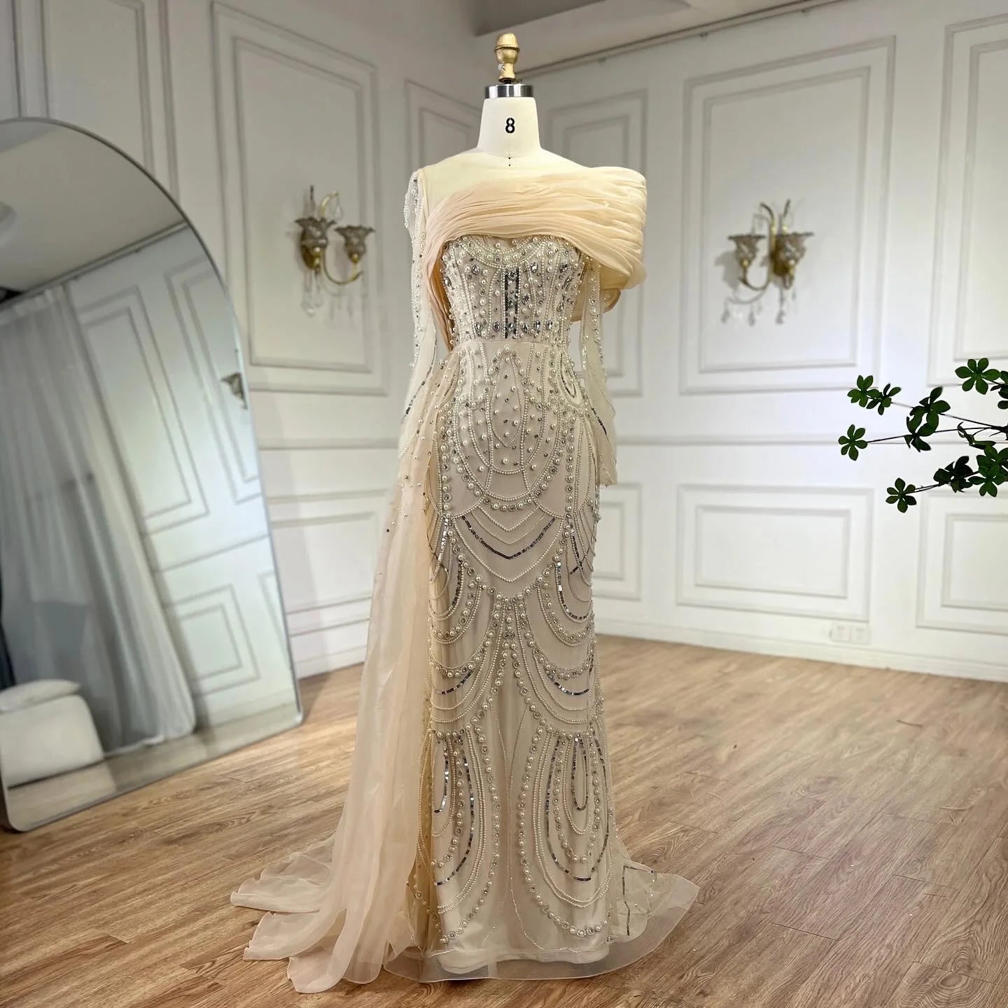 SERENE HILL 2024 Nude Mermaid Luxury Pearls Beaded Evening Dresses Elegant Gowns With Sideskirt Women Wedding Party GLA72348