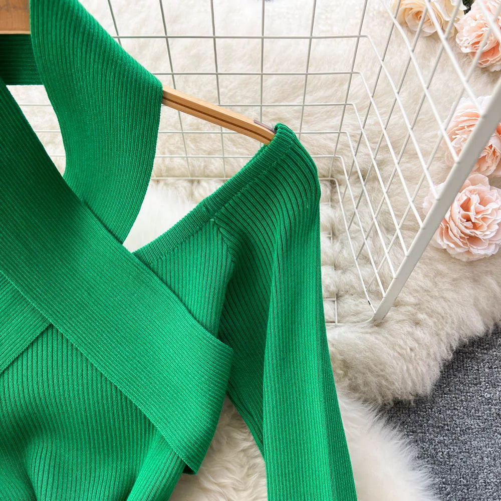 Chic Sexy Criss-cross Halter Elegant Pencil Dress Fashion Slim Knit Long Sleeve Birthday Party Vestidos Women Autumn Winter Robe