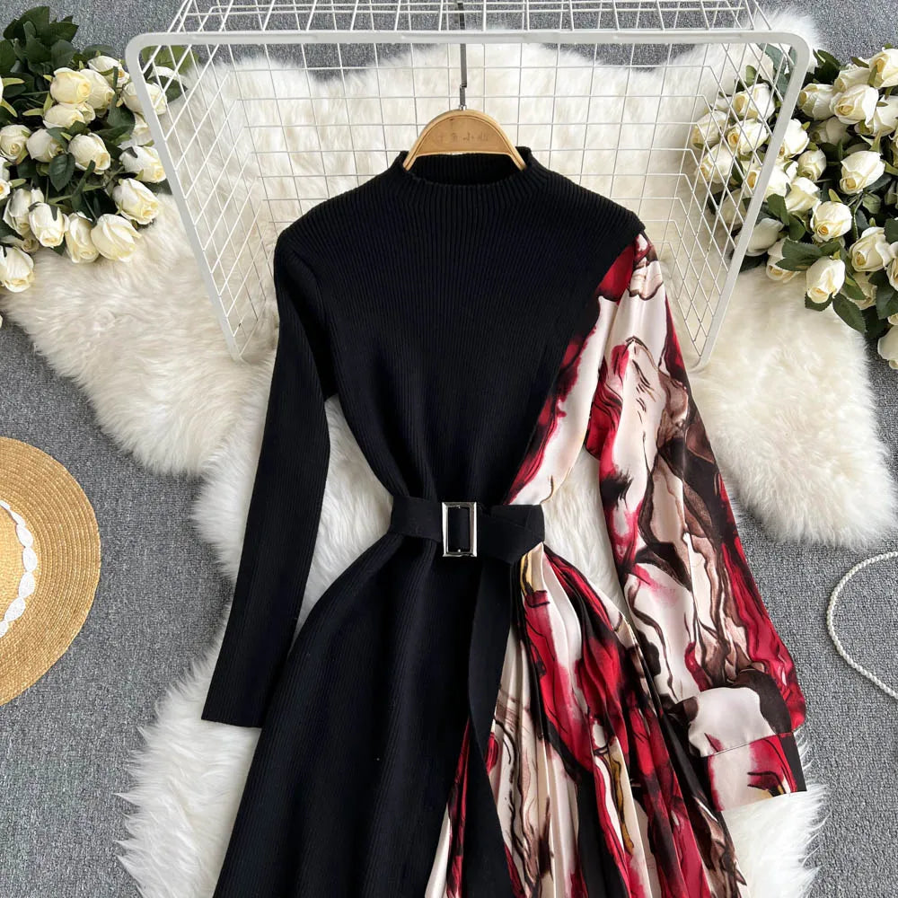 Elegant Chic Print Patchwork Knit Dress French Long Sleeve Party A-line Vestidos High Waist Basic Slim Women Autumn Winter Dress
