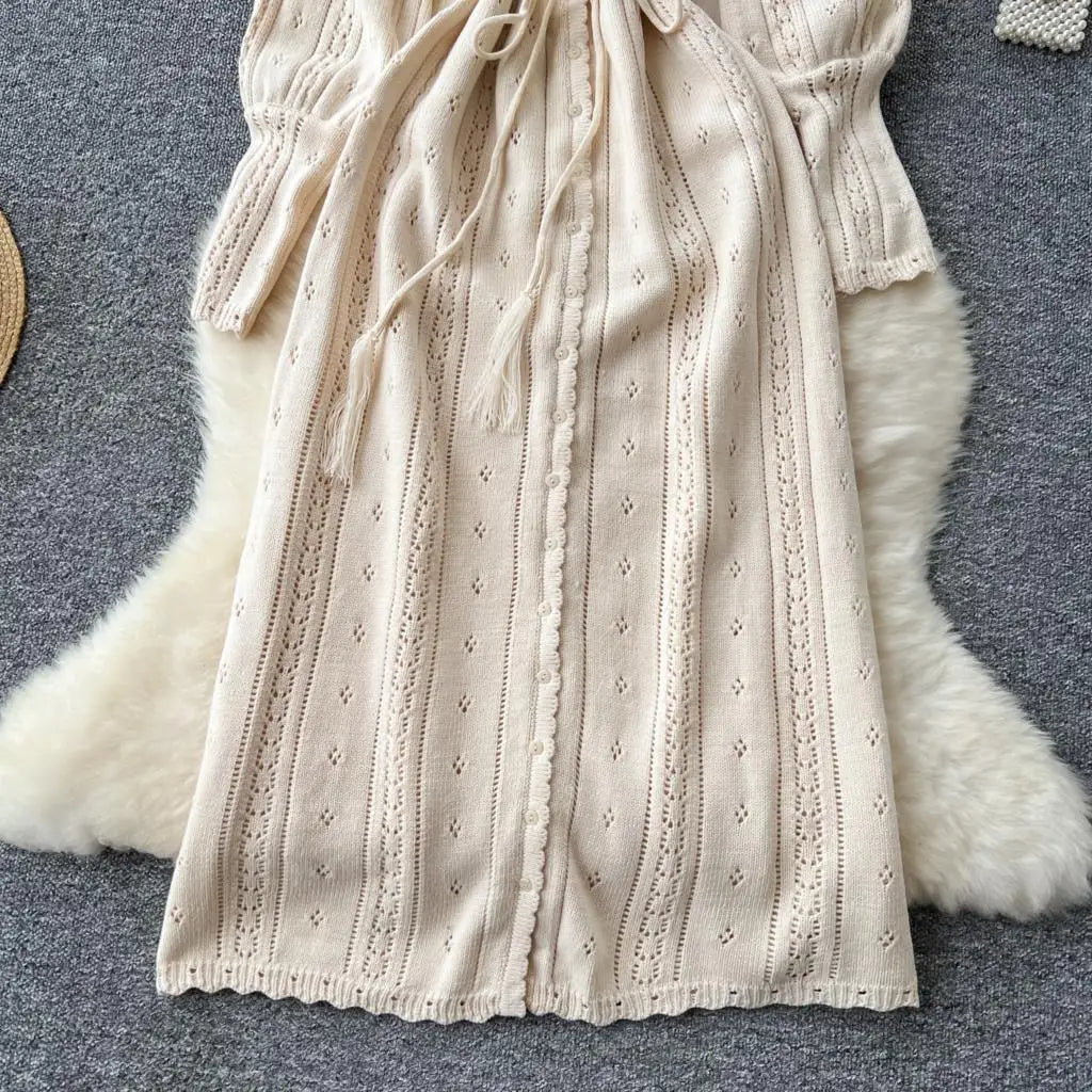 Elegant Autumn Solid Knitted Dresses for Women Sweet Hook Flower Hollow Strap A-line Korean Fashion Casual Vestidos Mujer New
