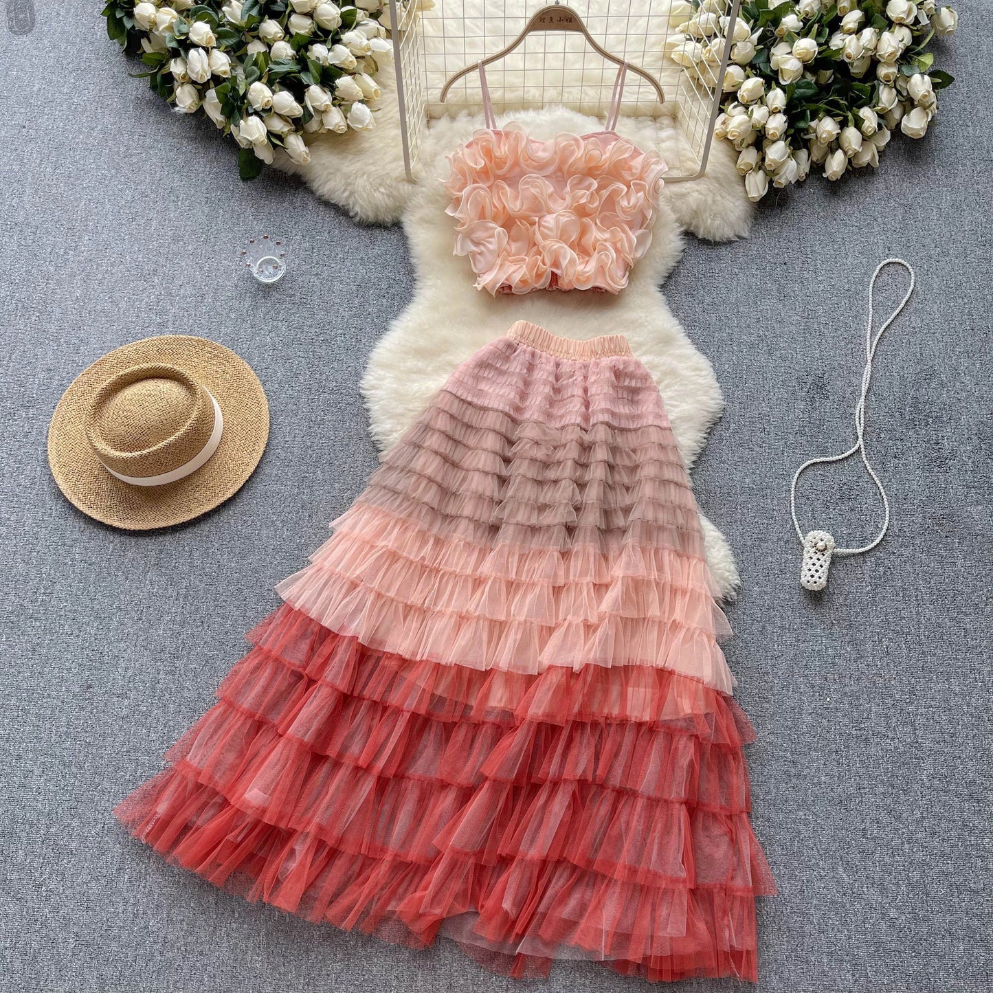 New Women Two Piece Set Summer Three-dimensional Flower Mesh Vest Tank Tops+mesh Long Skirts Fashion Korean Outfits