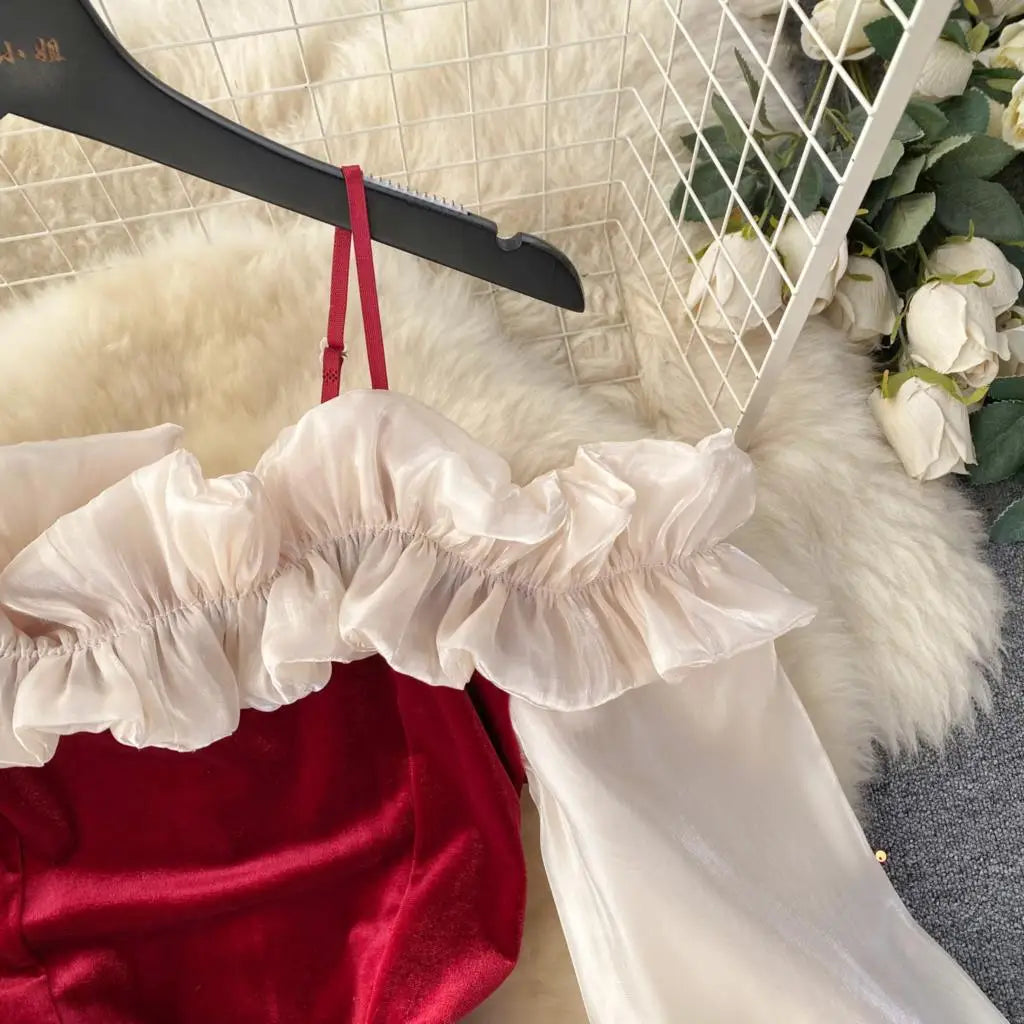 Sexy Bodycon Off Shoulder Party Dress Women Ruffles Velvet Patchwork Elegant Lady Fashion Prom Robe A-Line Vestidos Mujers New