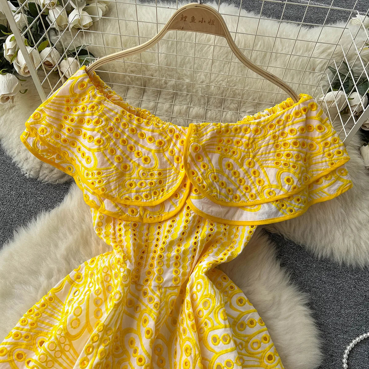 Summer Clothes For Women Ruffle Cutwork Embroidery Dress 2023 Party Sexy Off Shoulder Dress Vacation Mini Beach Dress Sundress