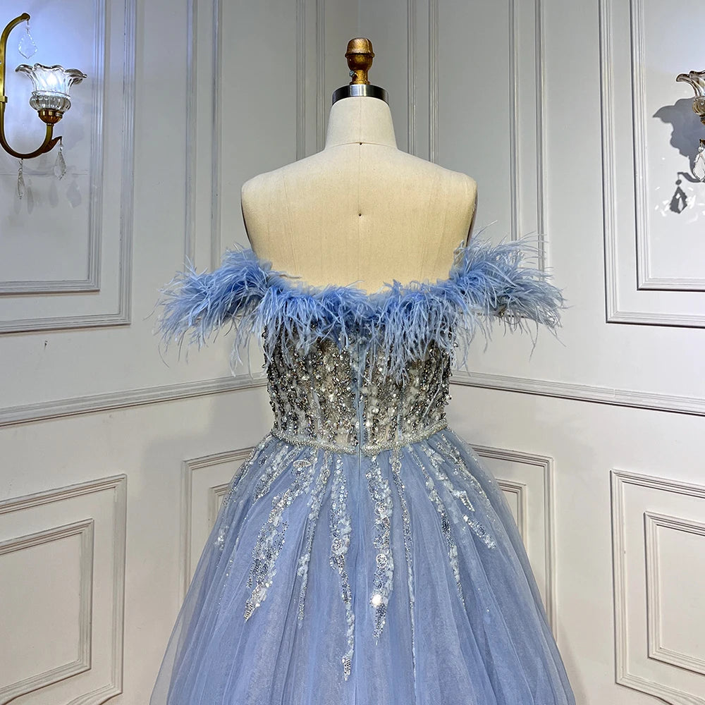 SERENE HILL 2024 Blue Feather Mermaid Luxury Beaded Evening Dresses Overskirt Formal Pink Gowns For Women Wedding Party GLA72061