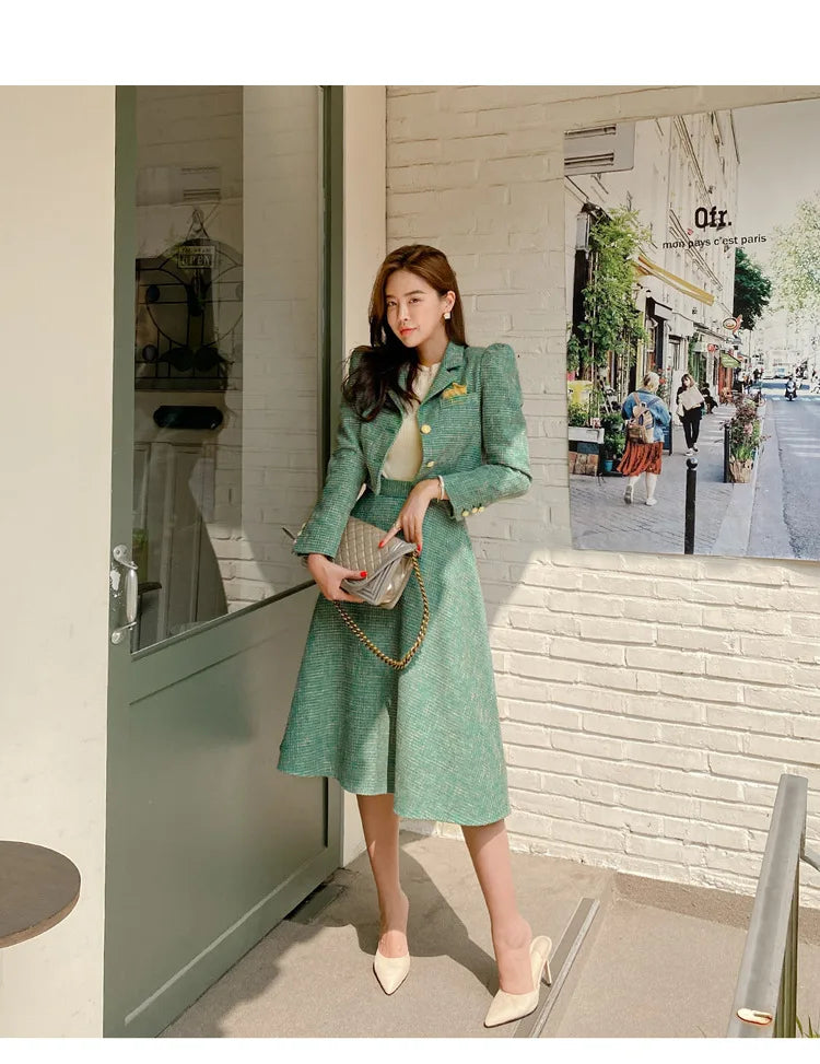 Elegant Temperament Two-Piece Set Tweed for Women Short Blazer Jacket +High Waist Swing Skirt Suits Green Korean Outfits