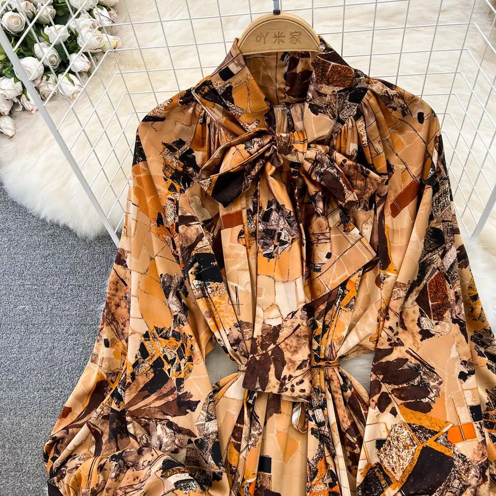 Elegant Casual A-Line Vintage Ruffle Print Long Dress Autumn Lantern Sleeve Party Boho Dresses Beach Holiday Female Vestidos