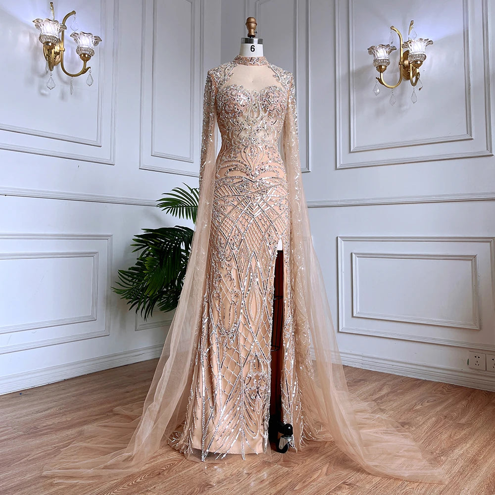 Serene Hill Nude Mermaid Elegant Sexy High Collar Cape Sleeves Luxury Beaded Evening Dresses Gowns 2024 For Women Party GLA71747