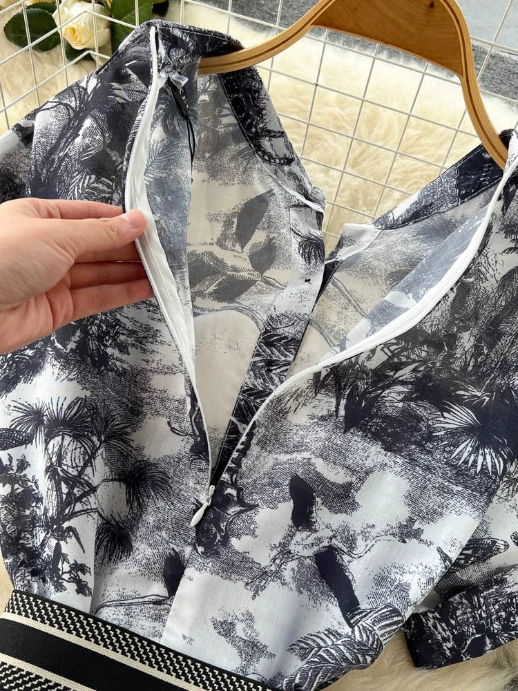 Vintage Tie Dye Print Shirt Dress Women Elegant Summer High Waist Slim A Line Printed Chiffon Long Robe Ladies Casual Long Robe