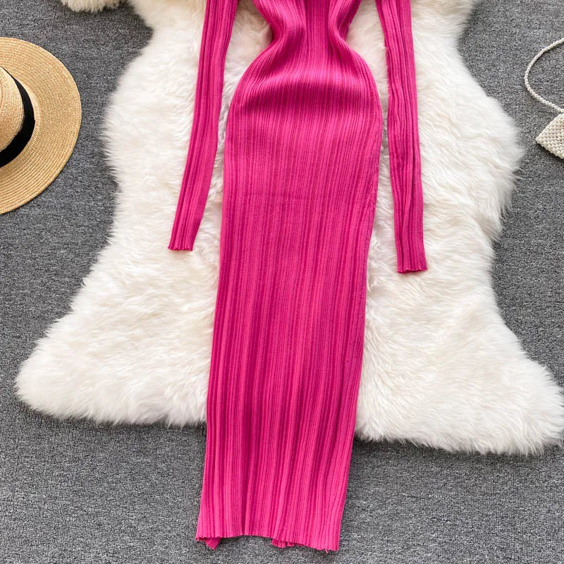 Women Chic Elegant Long Sleeve Split Bodycon Midi Dress Sexy French Fashion Knit Wrap Vestidos Elastic Slim Pencil Sweater Dress