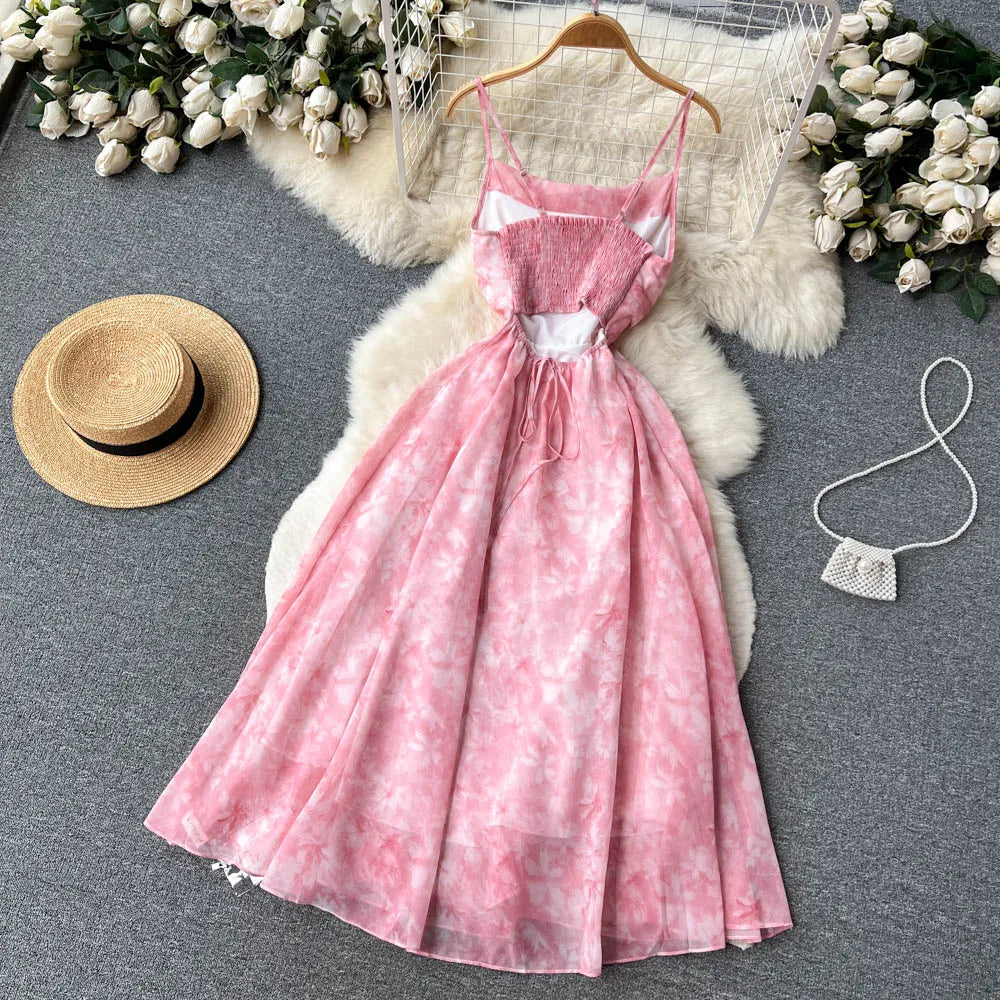 Women Pink Beach Dress Summer Sleeveless Hollow Out High Waist A-line Floral Printing Chiffon Dresses Ladies Casual Long Robe