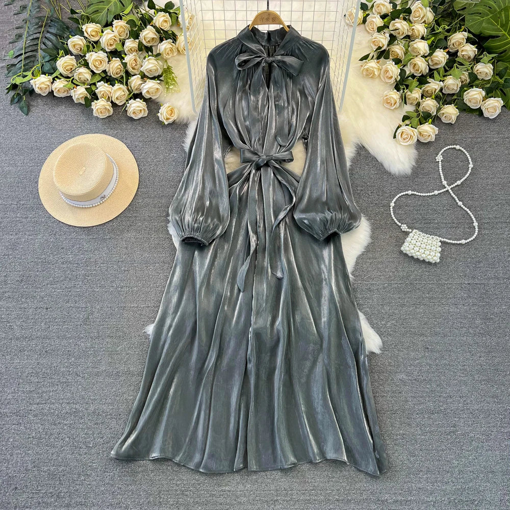 Autumn Elegant Women Fashion Party Long Dress Bow Lace Up Long Sleeve Evening Dresses A-Line Casual Vestidos One Piece Prom Robe