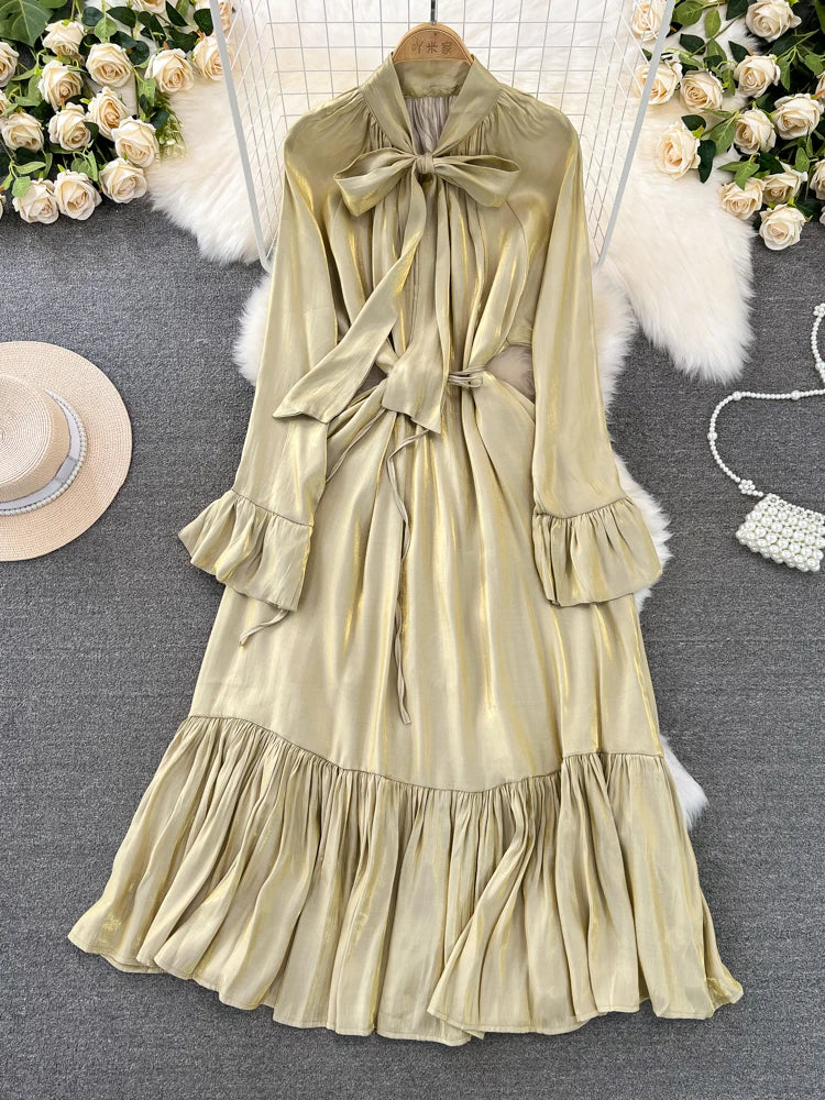 Elegant and Chic Solid Evening Dresses for Women Fashion New Bow Lace Up Flare Long Sleeve A-Line Vestidos Autumn Female Clothes